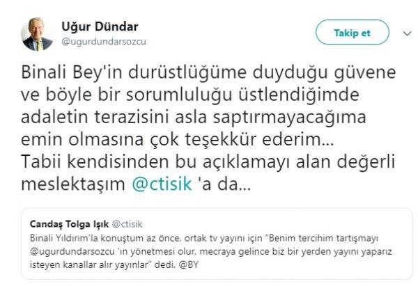 Binali Yıldırım'ın tercihi Uğur Dündar