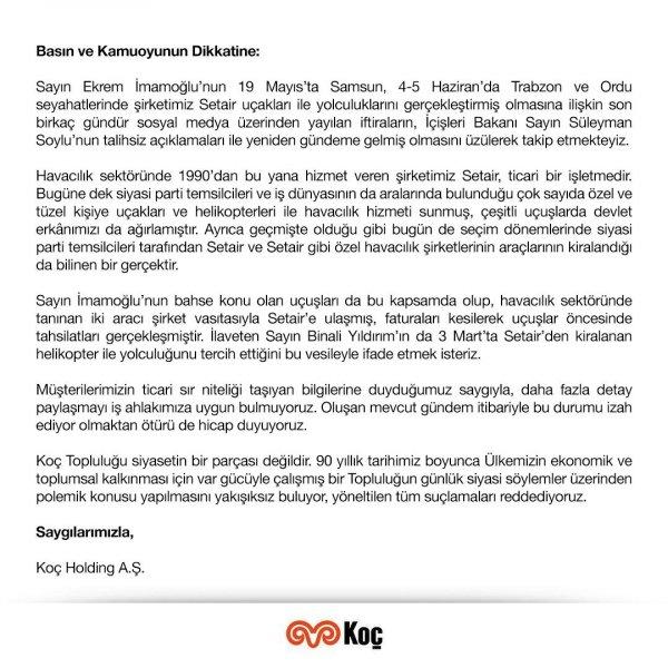 Koç Holding'den 'özel uçak' tartışmalarına açıklama