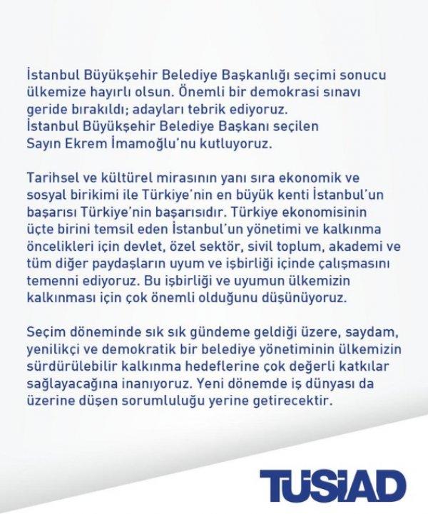 TÜSİAD İmamoğlu'nu kutladı