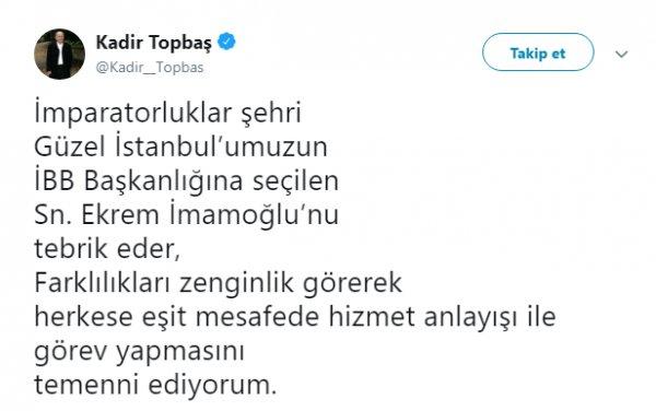 Kadir Topbaş, İmamoğlu'nu tebrik etti