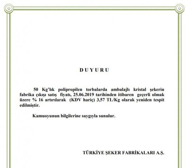 Şekere yüzde 16 zam