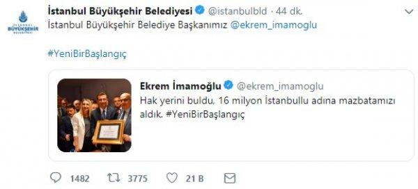 İBB'nin Twitter hesabından Ekrem İmamoğlu paylaşımı
