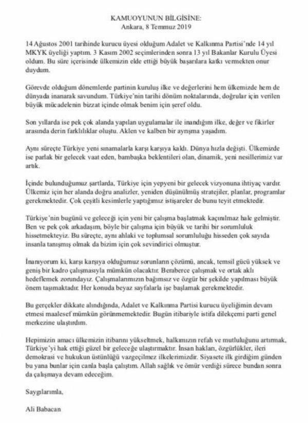 Ali Babacan, AK Parti'den istifa etti