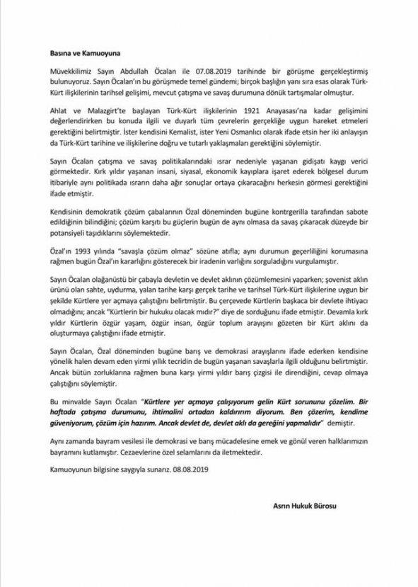 Öcalan çözüm sürecini yeniden başlatma çağrısı yaptı