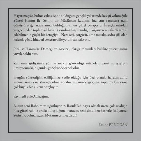 Emine Erdoğan, Şule Yüksel Şenler için mesaj yayınladı