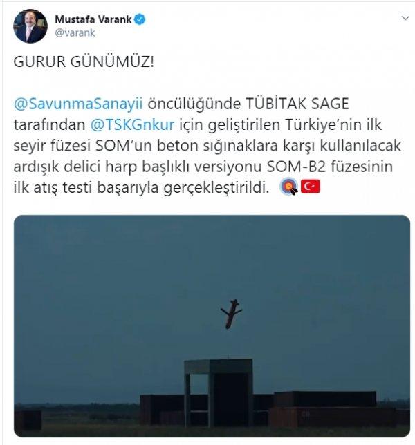 Bakan Varank, SOM-B2 füzesinin test görüntülerini paylaştı