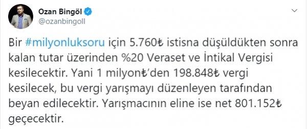 1 milyon liralık ödülün vergisi