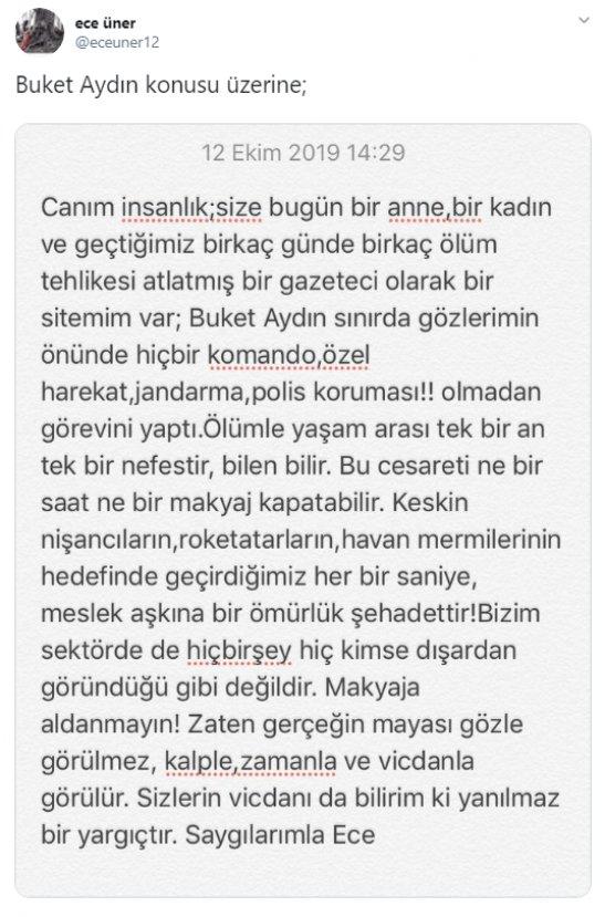 Ece Üner, Buket Aydın'a sahip çıktı