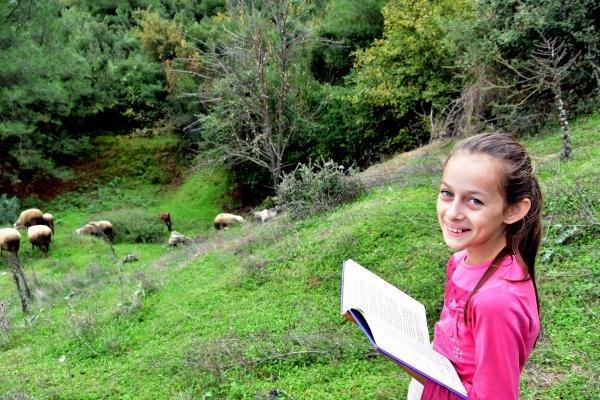 Muğlalı minik Melike hayvanları otlatırken ders çalışıyor