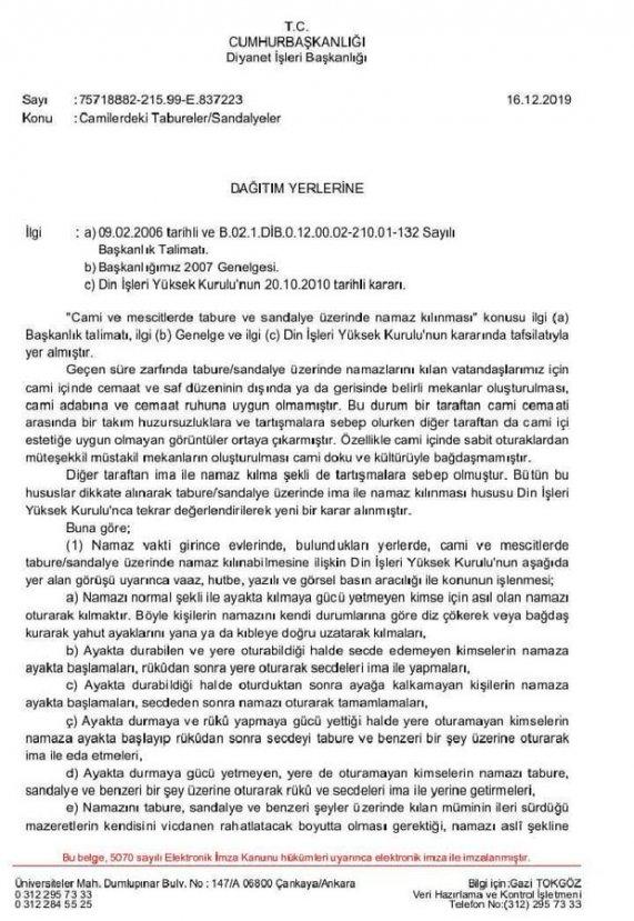 Diyanet oturakta namaz için genelge yayınladı