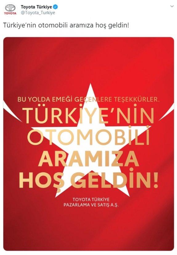 Toyota'dan yerli otomobil için kutlama mesajı