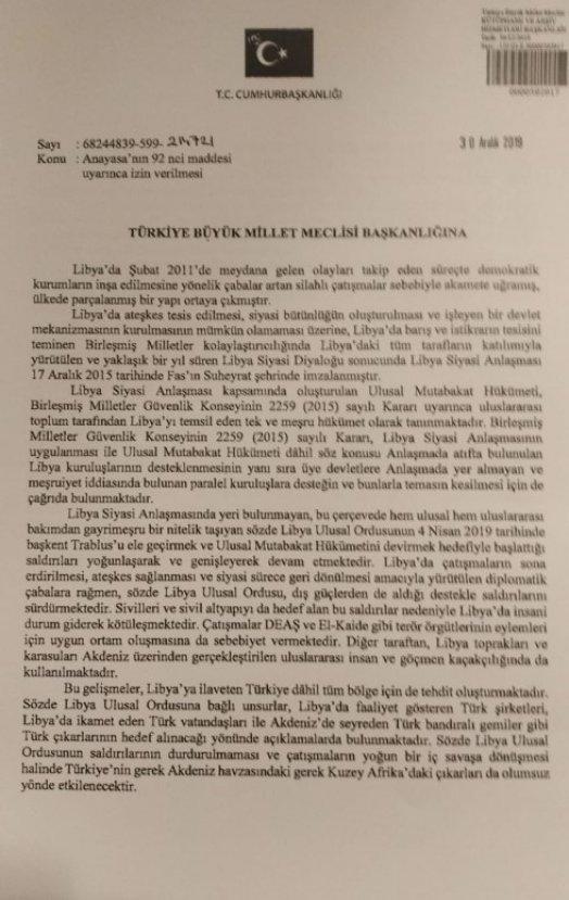 Libya tezkeresi Meclis'e sunuldu