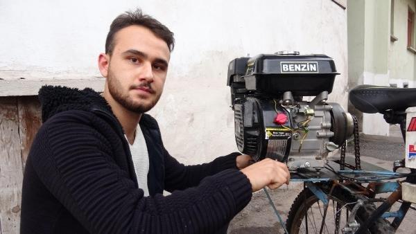 Benzin ve elektrikle çalışan motorlu bisiklet yaptı