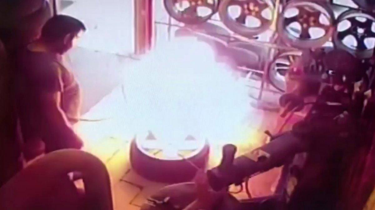 Eyüpsultan'da oto tamircide nitrojen dolu lastik patladı