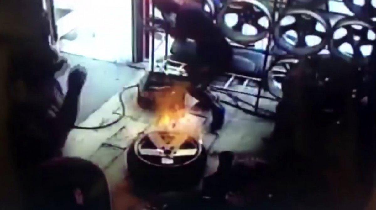 Eyüpsultan'da oto tamircide nitrojen dolu lastik patladı