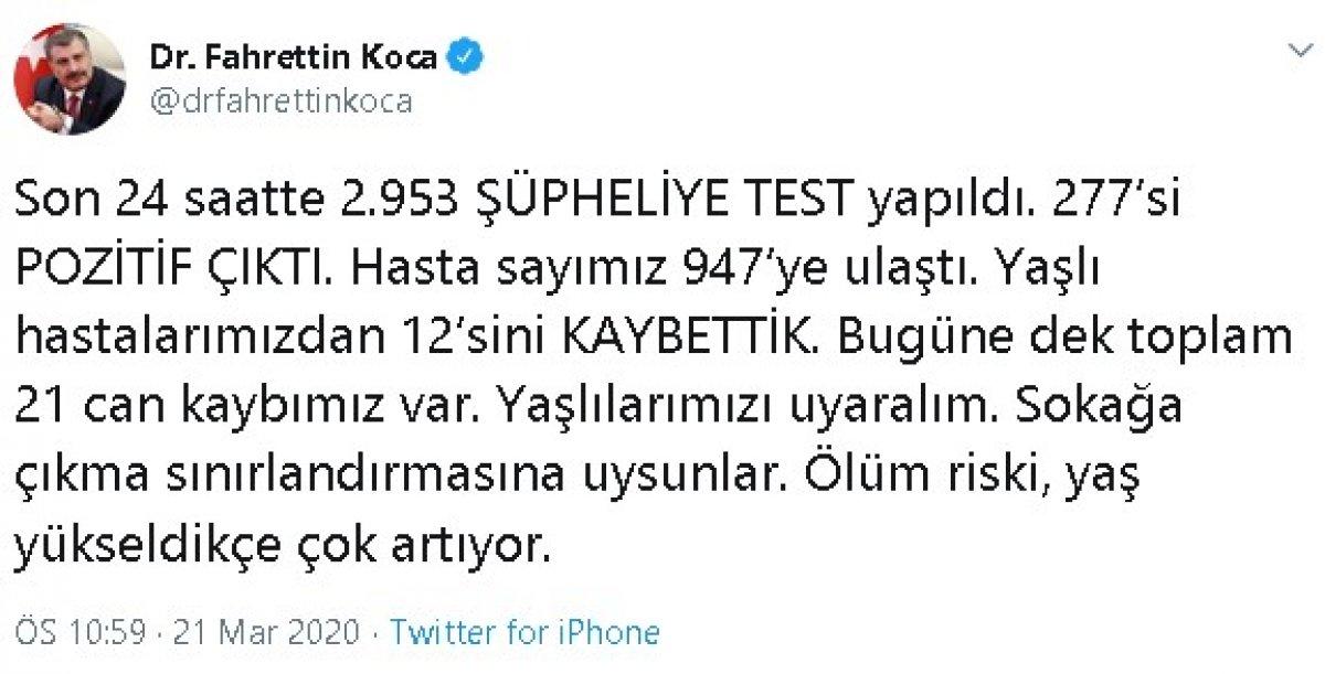 Bakan Koca: Koronavirüsten ölenlerin sayısı 21'e çıktı