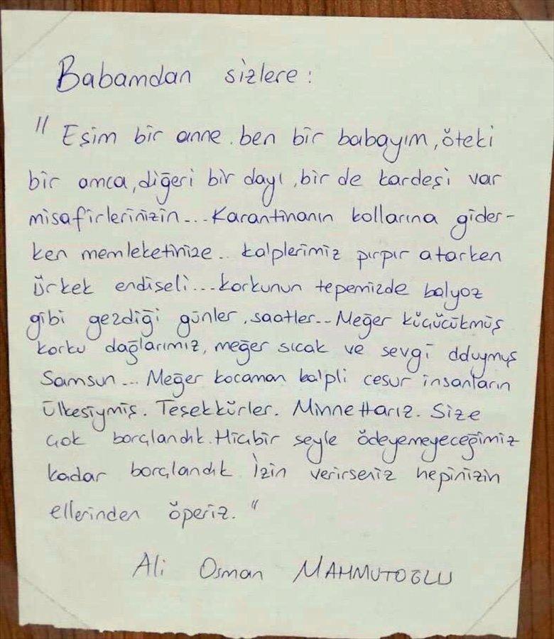 Karantinadaki gençlerden görevlilere 'teşekkür' notu