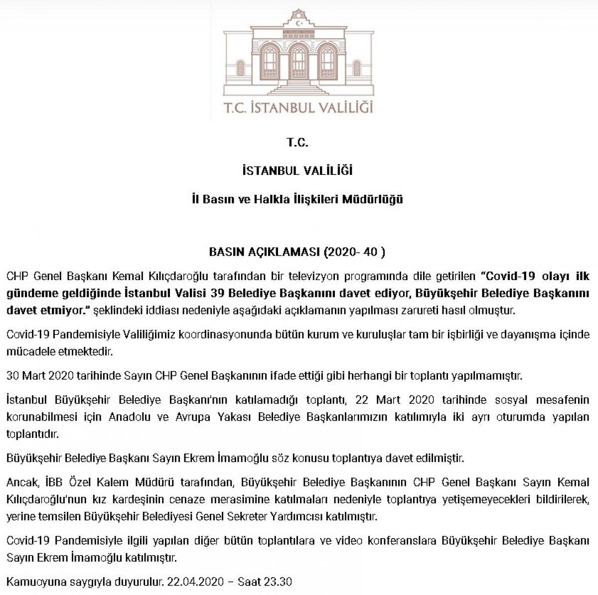 İstanbul Valiliği'nden, Kılıçdaroğlu'nun iddiasına yanıt