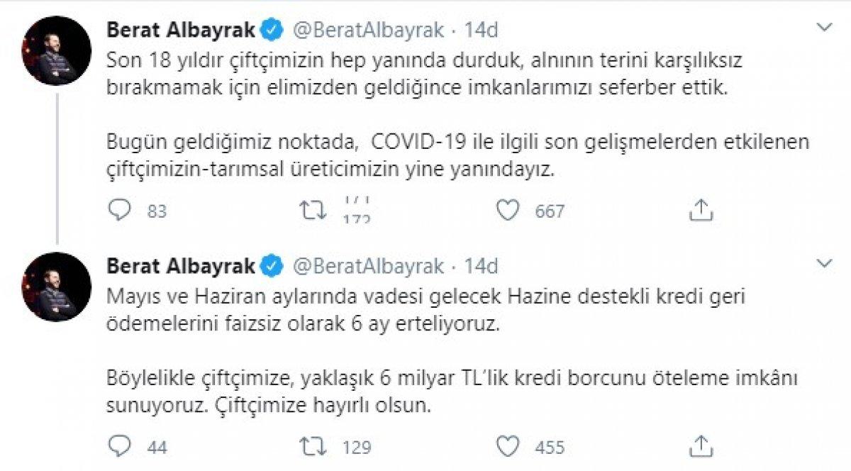 Bakan Albayrak: Çiftçilerin kredileri 6 ay ertelenecek