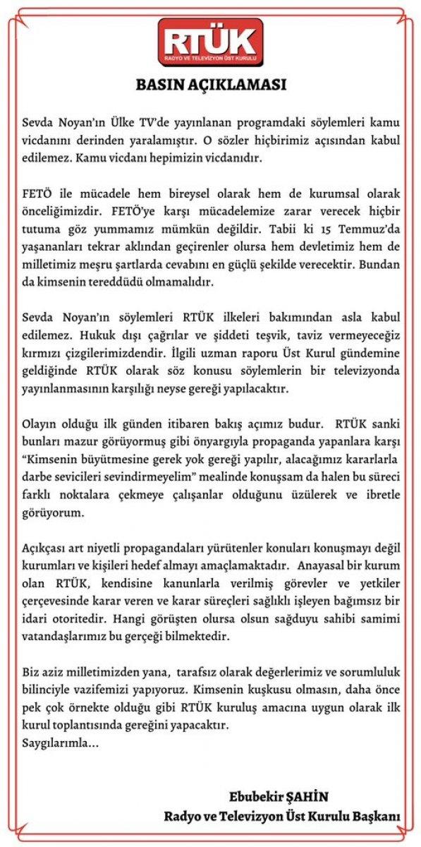 RTÜK Başkanı Şahin: Sevda Noyan'ın sözleri kabul edilemez