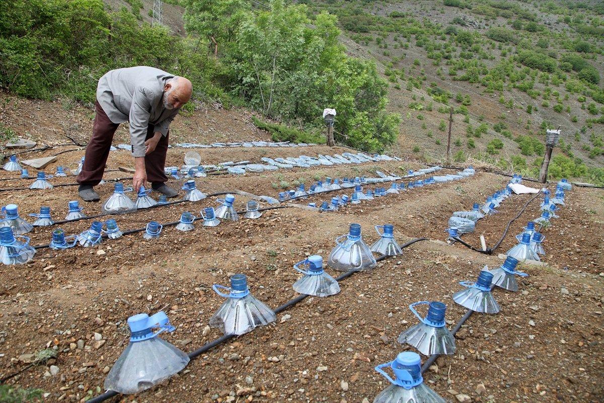 Erzincanlı çiftçiden dona karşı damacana ve poşetli önlem