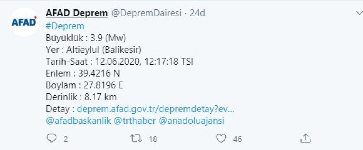 Balıkesir'de 3,9 büyüklüğünde deprem