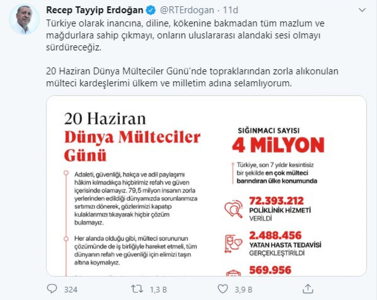 Cumhurbaşkanı Erdoğan'dan mülteciler günü mesajı