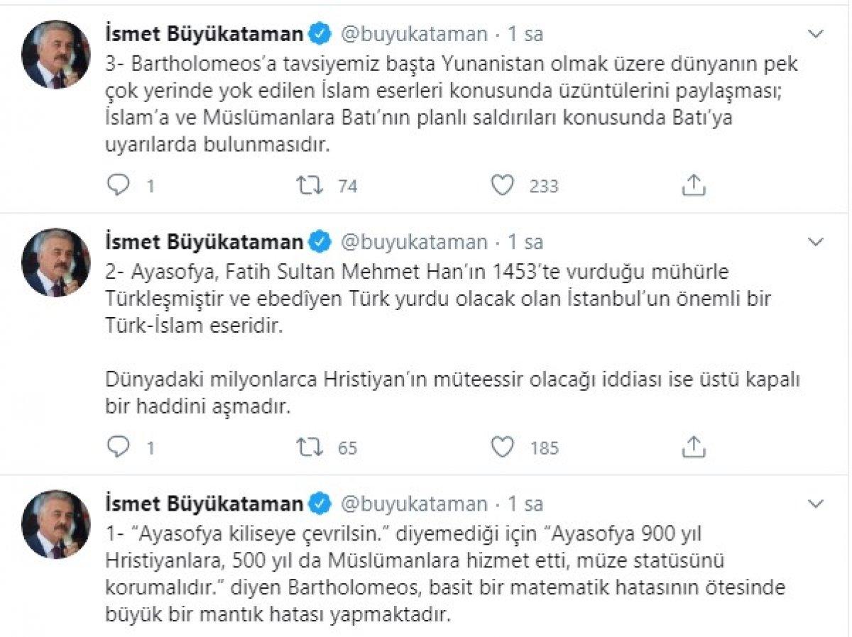 Büyükataman'dan Bartholomeos’a Ayasofya cevabı