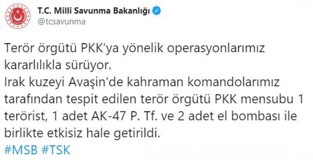 MSB: Avaşin'de 1 terörist etkisiz hale getirildi