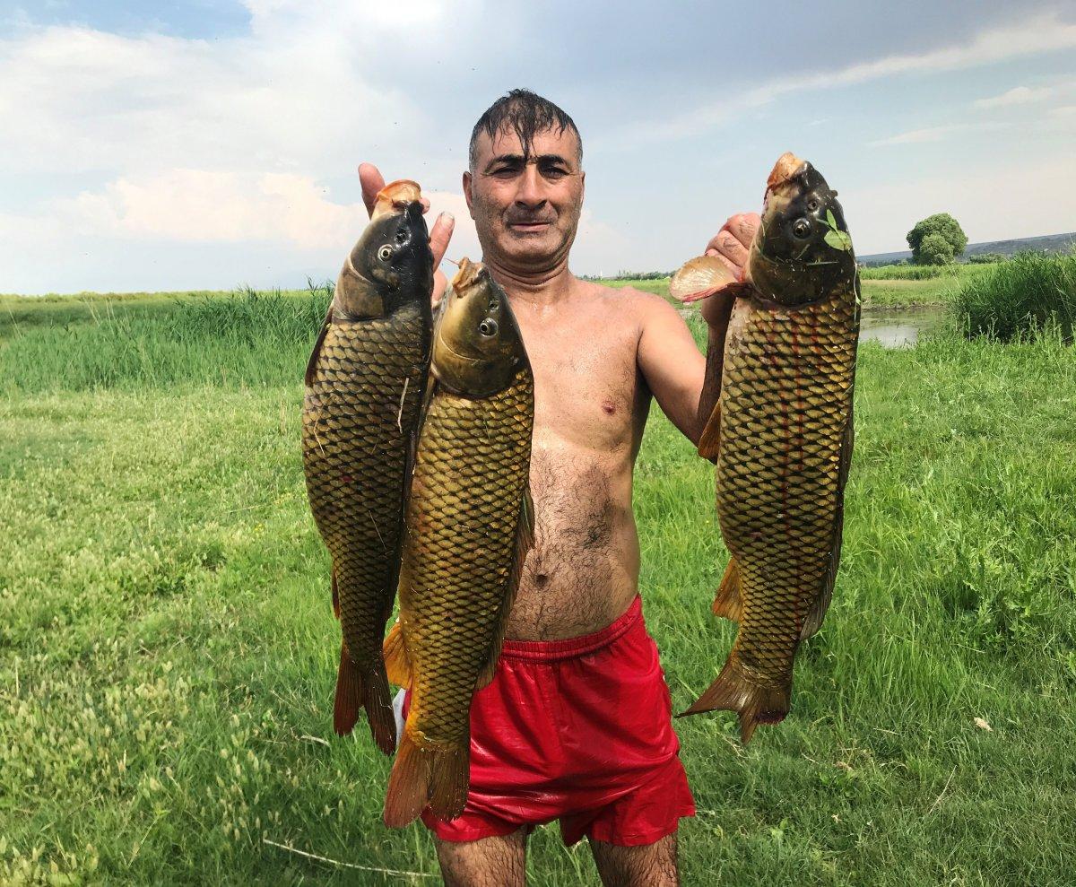 Iğdır’da çıplak elle balık tutuyor