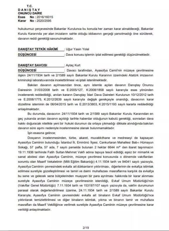 Danıştay Ayasofya kararını açıkladı