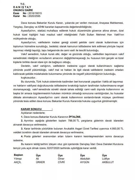 Danıştay Ayasofya kararını açıkladı