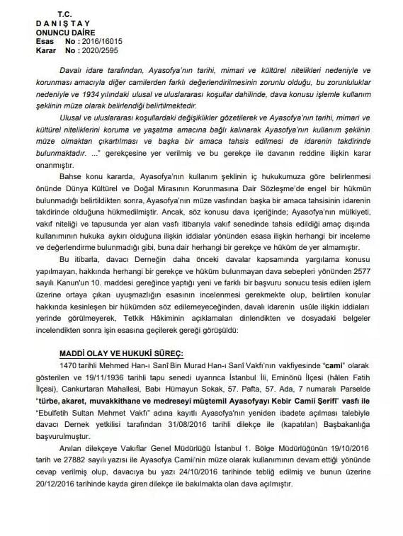 Danıştay Ayasofya kararını açıkladı