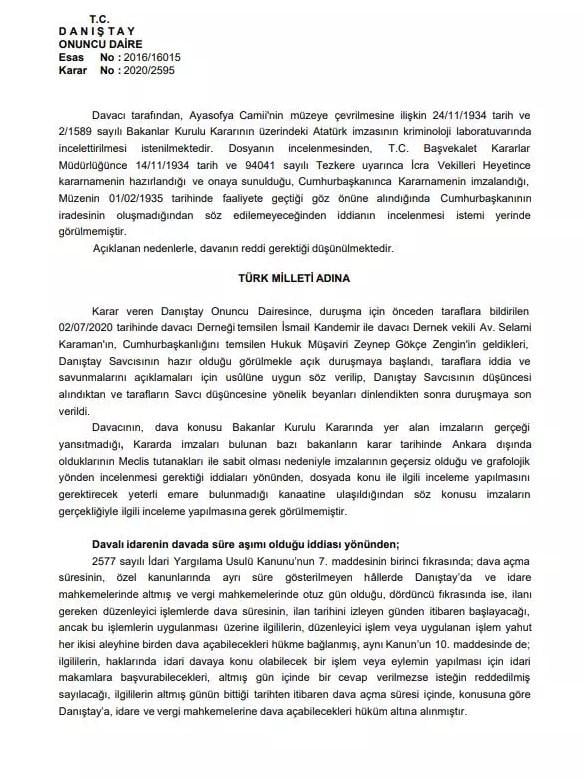 Danıştay Ayasofya kararını açıkladı