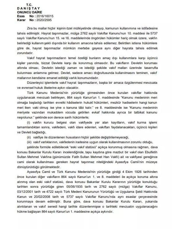 Danıştay Ayasofya kararını açıkladı