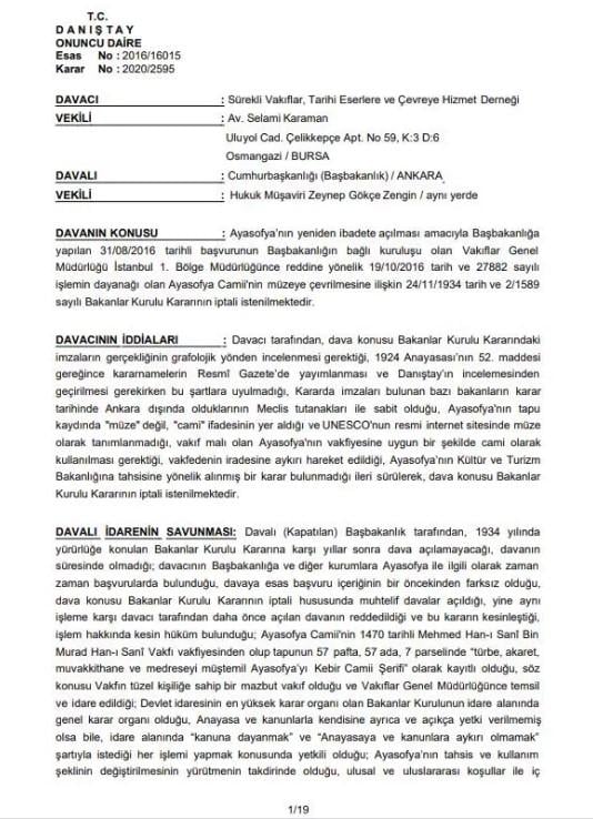 Danıştay Ayasofya kararını açıkladı