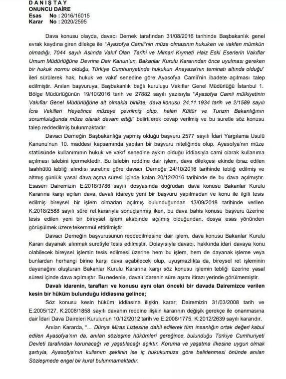Danıştay Ayasofya kararını açıkladı