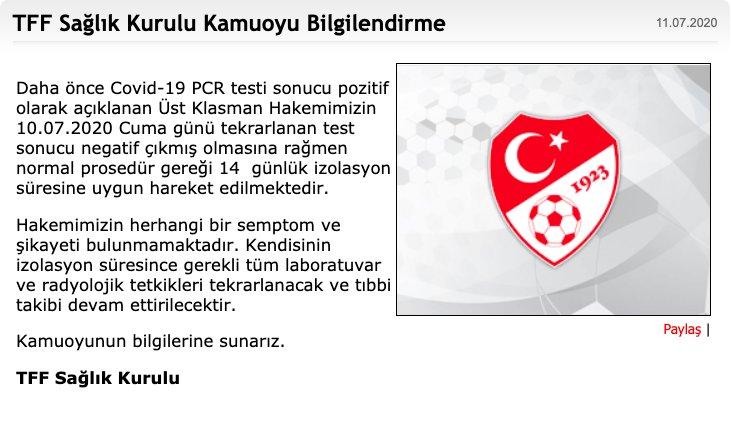 Koronavirüse yakalanan hakemin son test sonucu negatif