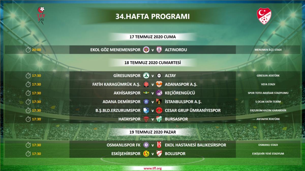 TFF 1. Lig'de 34. haftanın programı