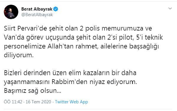Berat Albayrak'tan şehit polisler için başsağlığı mesajı