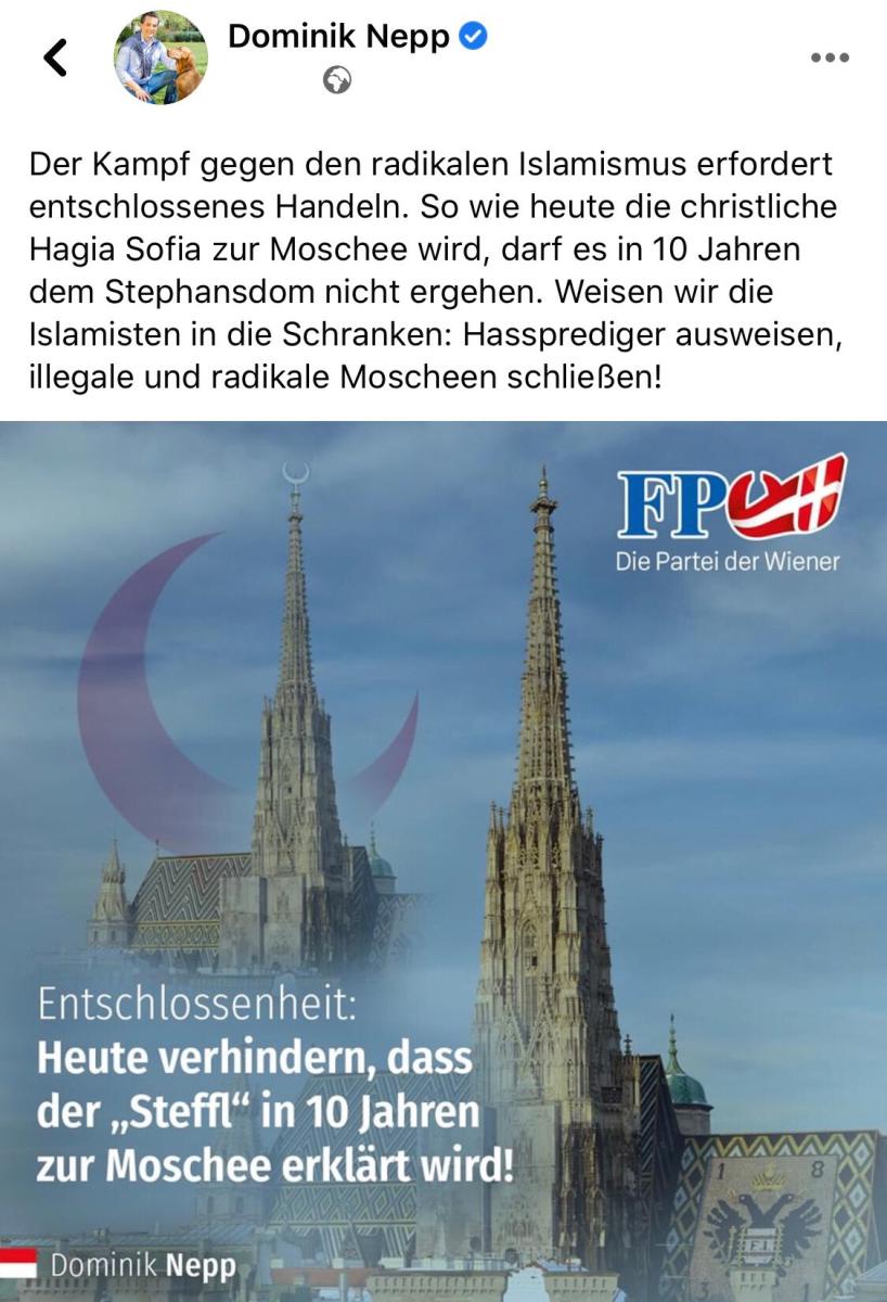 Avusturya Özgürlük Partisi Ayasofya paylaşımı yaptı