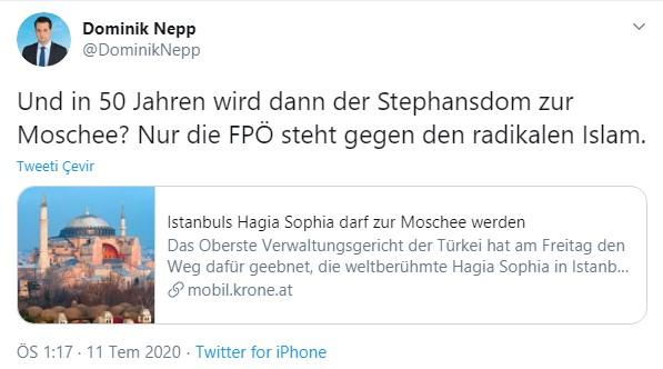 Avusturya Özgürlük Partisi Ayasofya paylaşımı yaptı