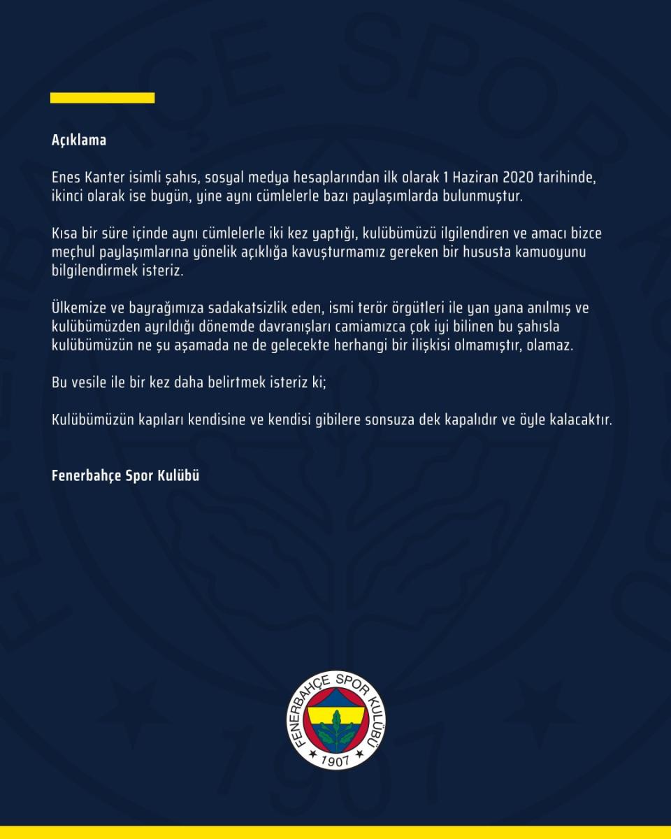 F.Bahçe: Enes Kanter'in kulübümüzle bir ilişkisi olamaz