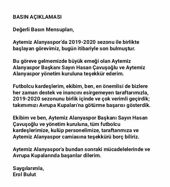 Erol Bulut, Alanyaspor'dan ayrıldı