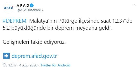 Adıyaman-Malatya çevresinde 5.2 büyüklüğünde deprem