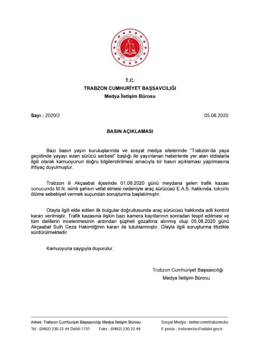 Trabzon'da yaya geçidinde yayayı ezen sürücü tutuklandı