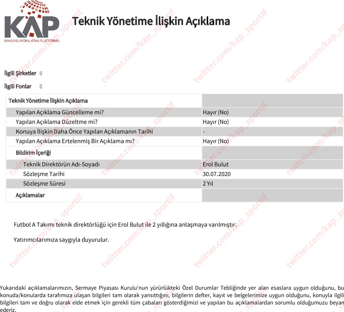 Fenerbahçe, Erol Bulut'u açıkladı