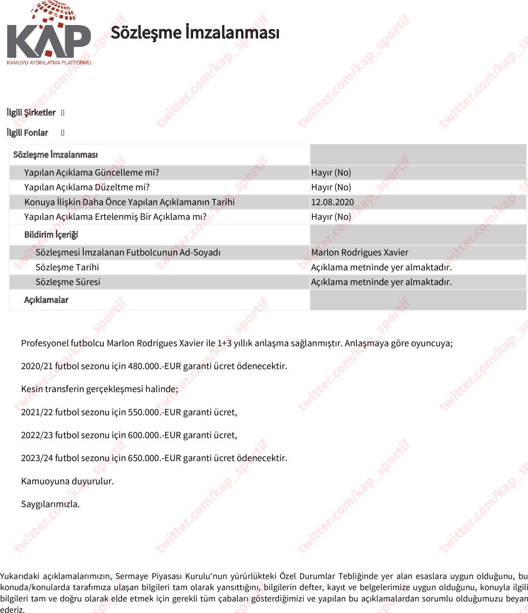 Trabzonspor, Marlon'u KAP'a bildirdi