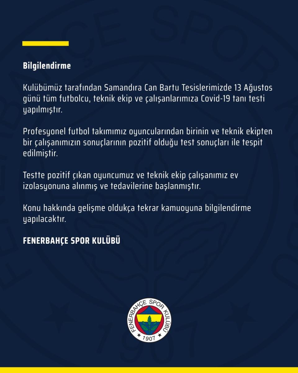 Fenerbahçe'de iki kişinin koronavirüs testi pozitif çıktı