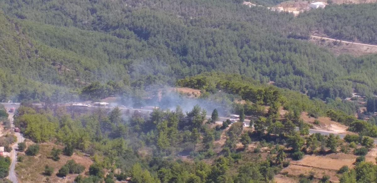 Antalya'da lastiği patlayan kamyon, yangına neden oldu